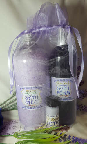 lavender bath salt 600g with bath foam 250ml with mini lavender hand and body lotion in organza gift bag 