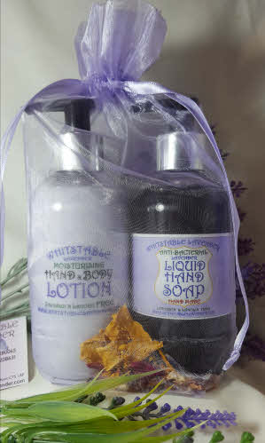 lavender liquid hand wash soap with lavender hand and body lotion in organza gift bag