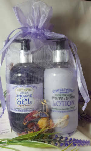 lavender shower gel with lavender hand and body lotion in organza gift bag 